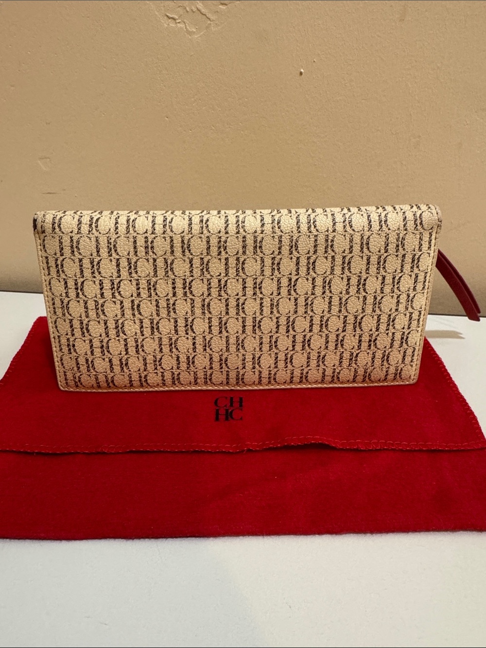 Carolina Herrera Beige Monogram wallet with Red Accents